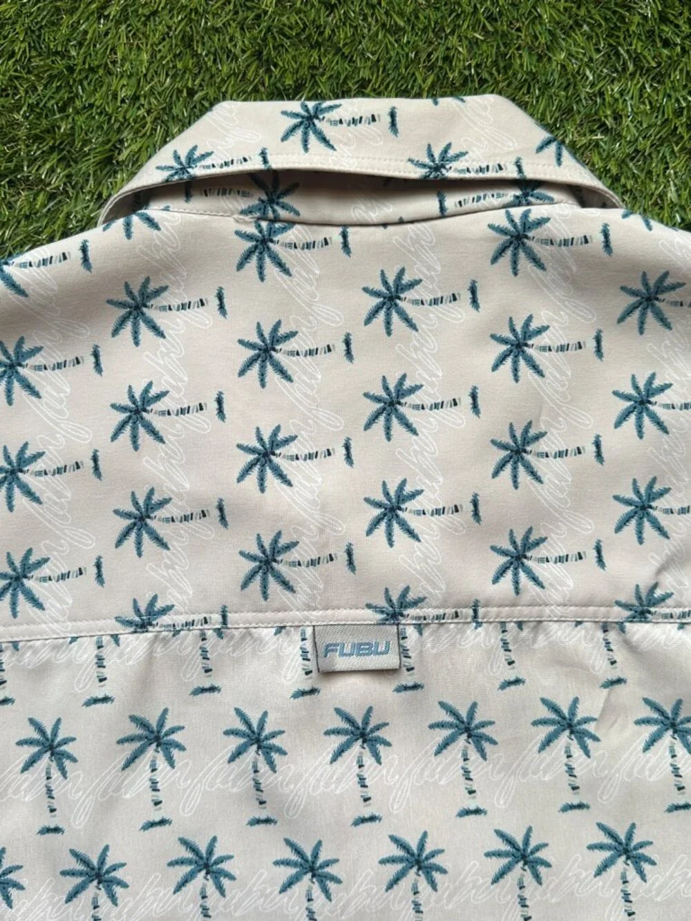 Vintage Y2K FUBU Men's XL Beige Palm Tree Shirt Tropical Vacation Button-Up